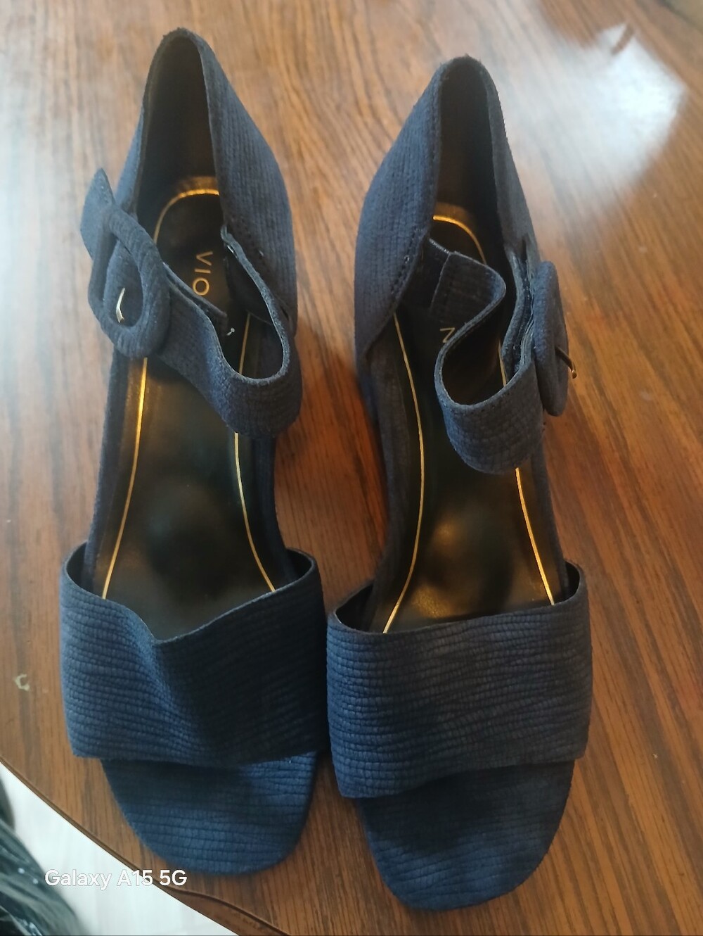 Vionic Navy Textured Open-Toe Ankle-Strap Heels